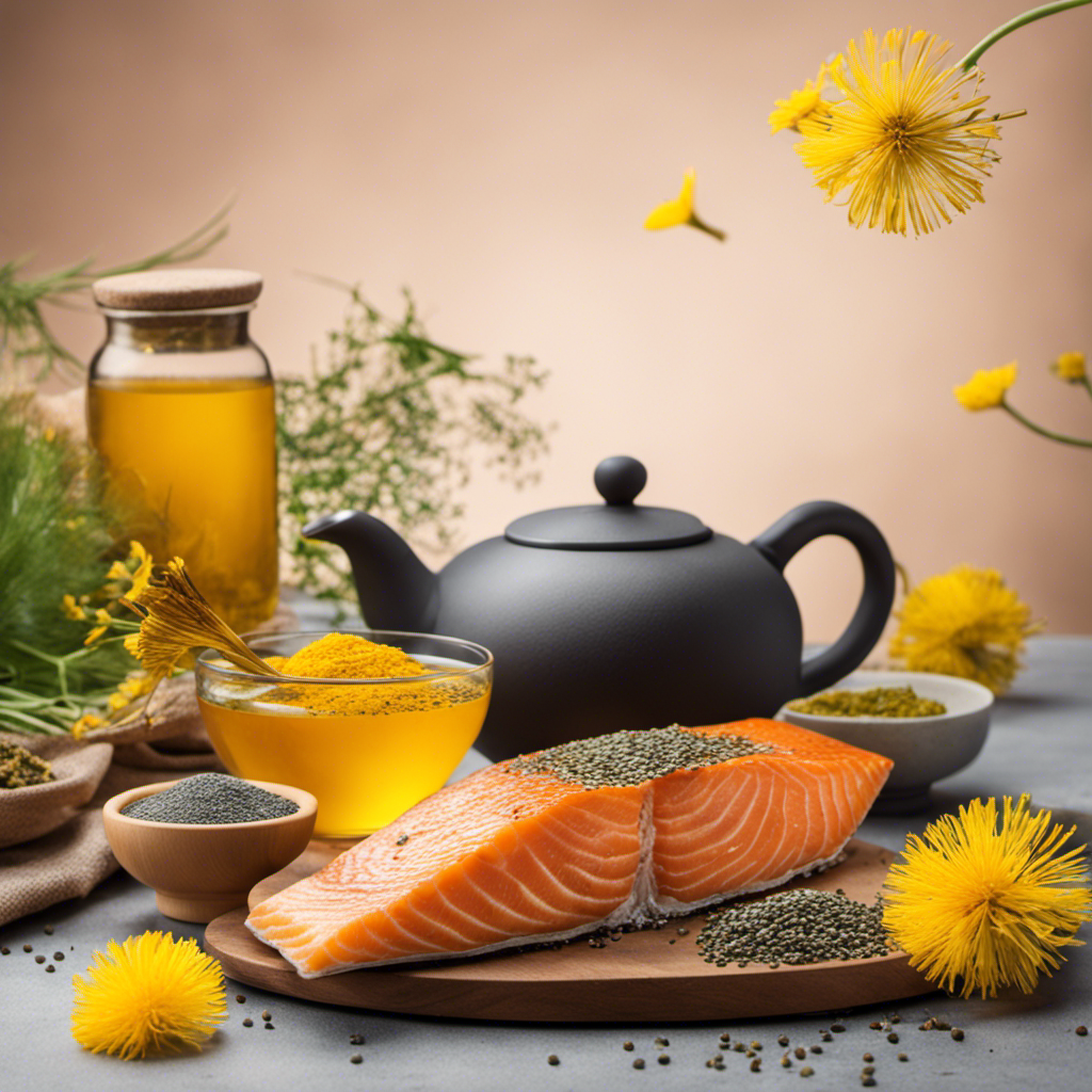 An image showcasing a serene setting with a cup of steaming dandelion tea next to a vibrant yellow turmeric root and a bowl of omega-rich foods like salmon and chia seeds, highlighting their potential benefits for CMML 2