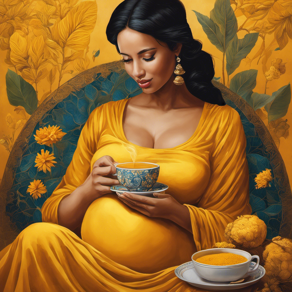 An image of a serene pregnant woman, cradling her baby bump while delicately sipping on a steaming cup of vibrant yellow turmeric tea, surrounded by fresh turmeric roots and a warm, inviting atmosphere