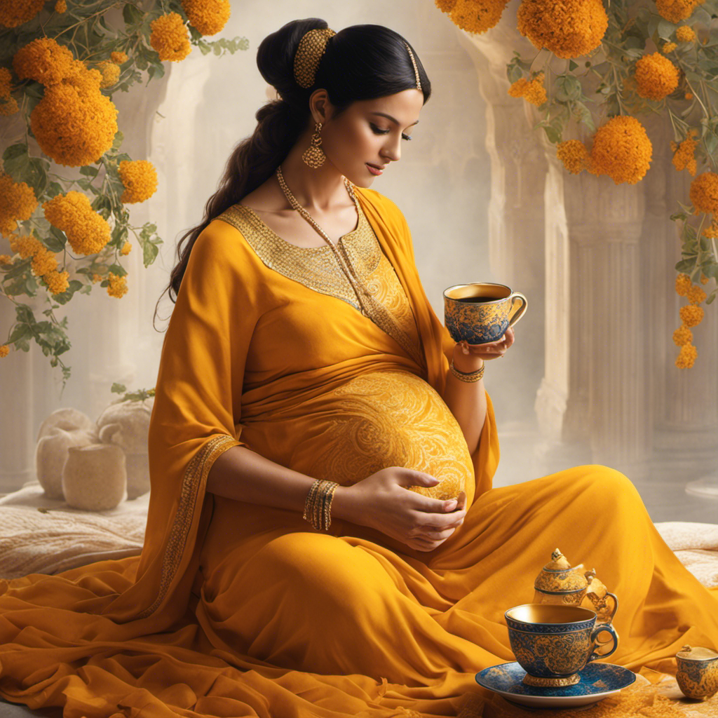 An image of a serene, expectant mother cradling her baby bump with one hand, while delicately sipping a steaming cup of vibrant golden turmeric tea with the other