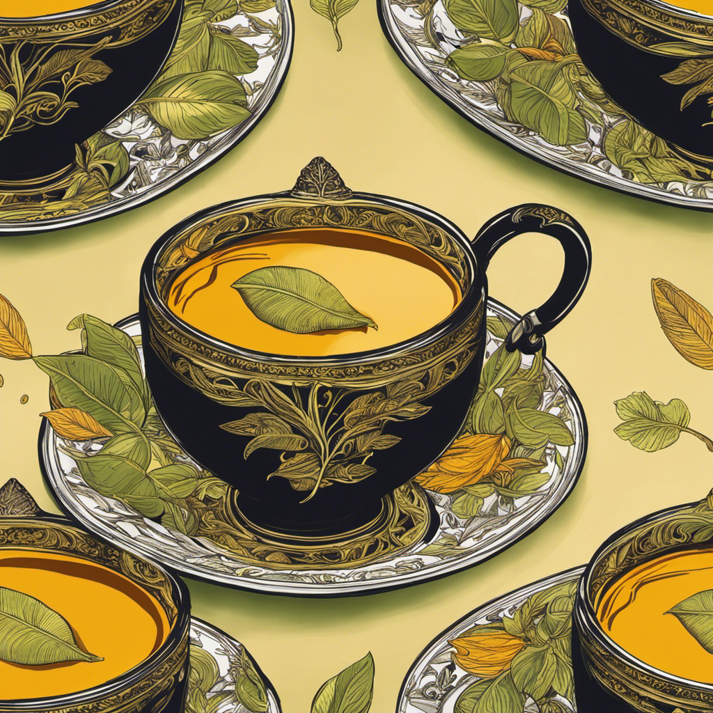An image capturing a vibrant cup of steaming turmeric tea, infused with freshly plucked leaves