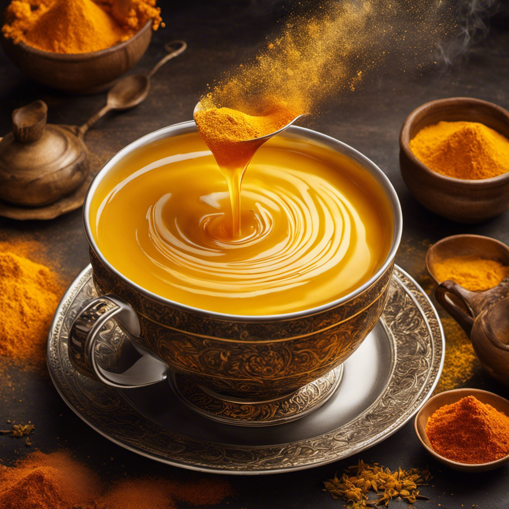 An image showcasing a cup of steaming turmeric tea, surrounded by vibrant yellow and orange spices, with a delicate swirl of steam rising from the cup, evoking a sense of warmth and relaxation