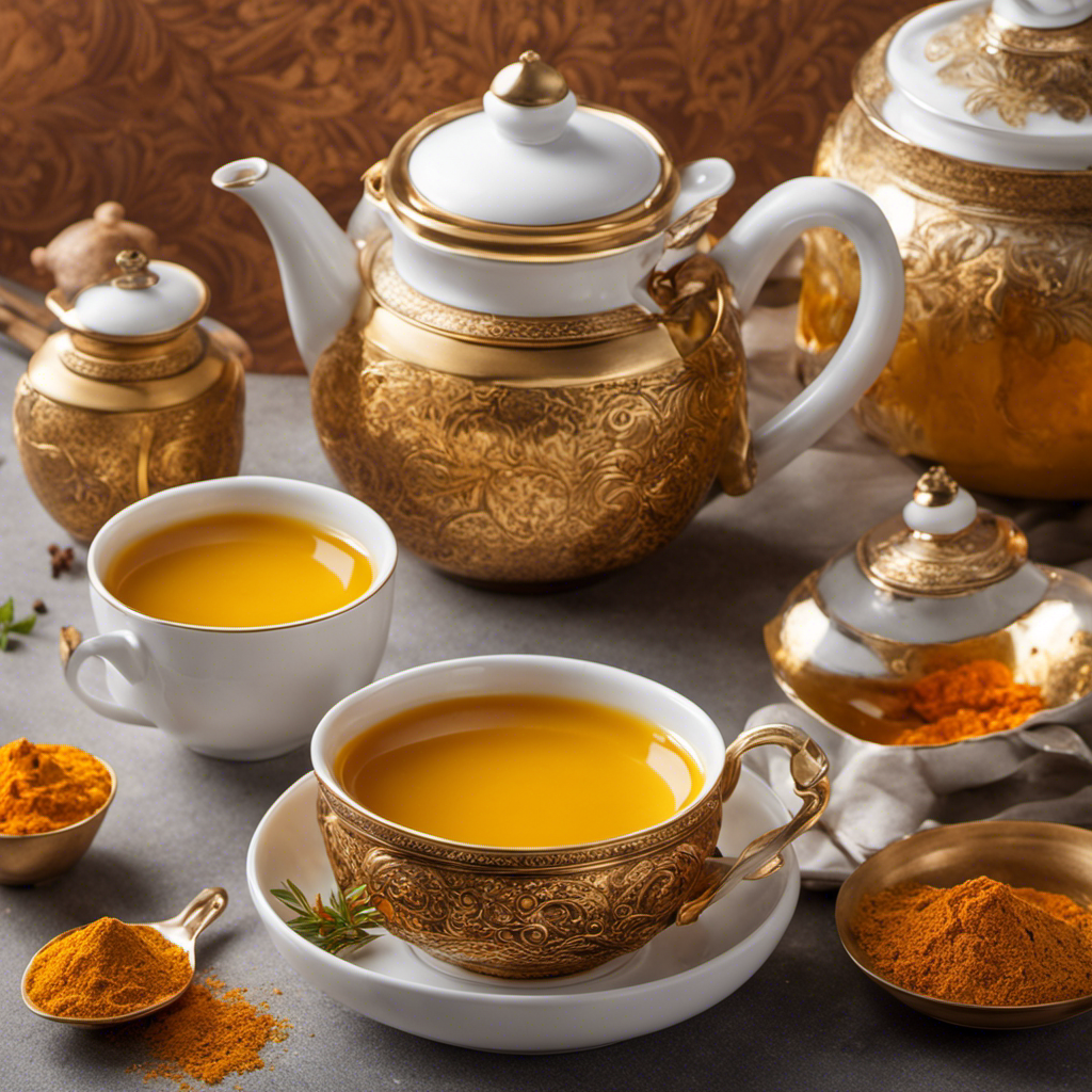 An image capturing the vibrant hues of freshly brewed turmeric tea, with steam gently rising from a delicate porcelain cup adorned with golden swirls