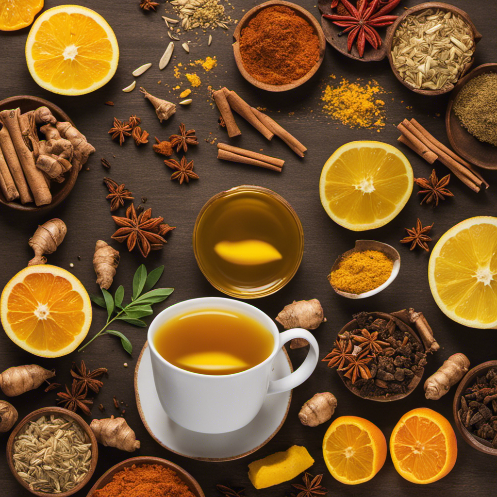 An image of a cozy mug filled with steaming ginger and turmeric tea surrounded by vibrant yellow, orange, and brown spices