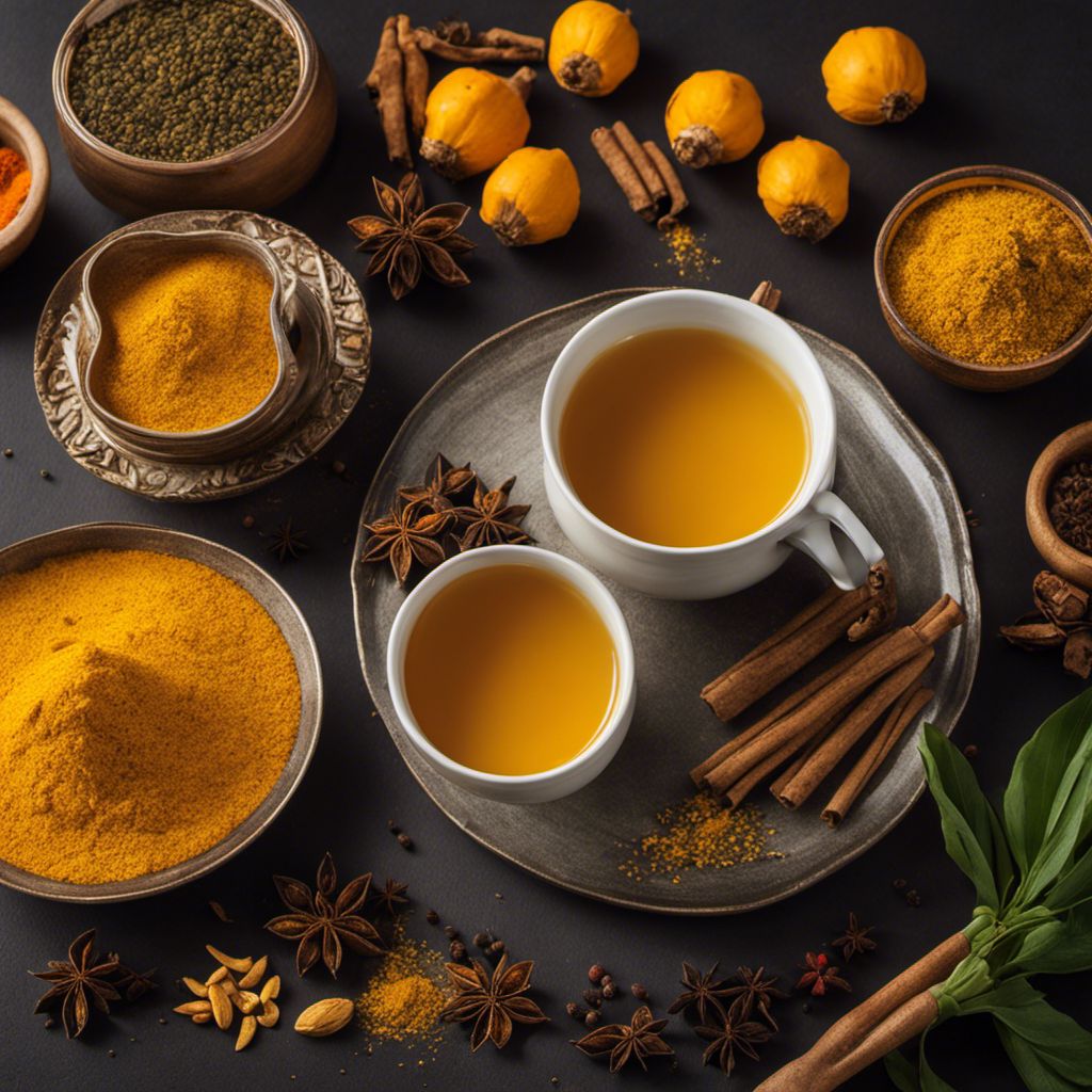 An image featuring a serene, cozy setting with a steaming cup of vibrant golden turmeric tea, surrounded by fresh turmeric roots, black pepper, and other complementary spices, enticing readers to explore the potential benefits of daily consumption