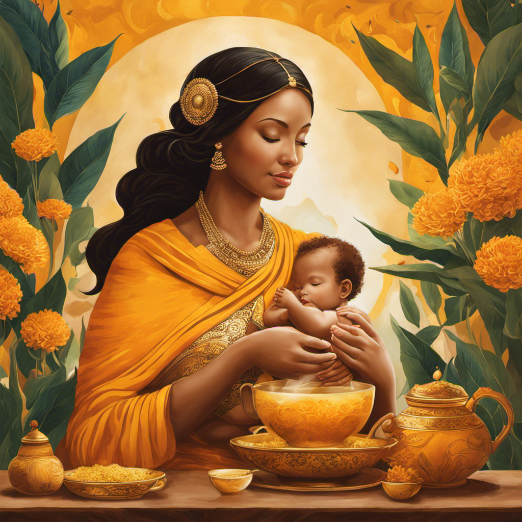 An image showcasing a serene breastfeeding mother gently sipping a warm cup of golden turmeric tea, with vibrant spices floating in the steam, evoking a sense of reassurance and nourishment