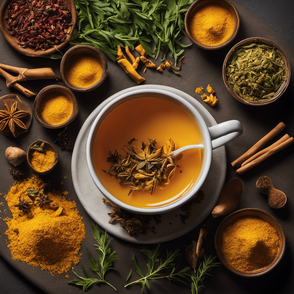 An image depicting a steaming cup of aromatic herbal tea infused with vibrant turmeric