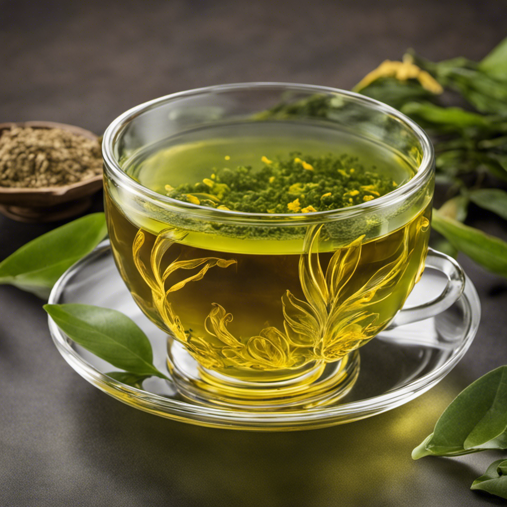 An image that showcases a clear glass teacup brimming with vibrant green tea, beautifully infused with swirls of golden turmeric