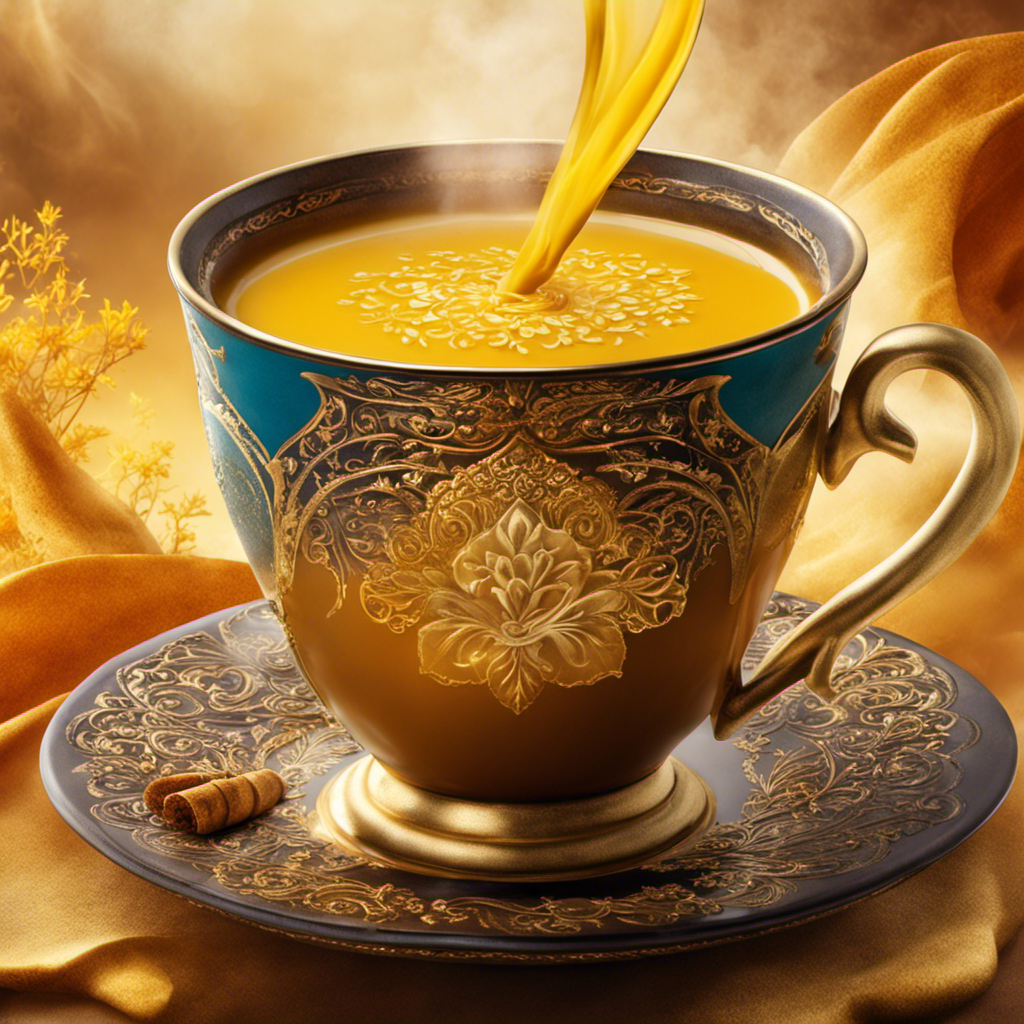 An image showcasing a steaming cup of golden chai tea infused with turmeric, blended perfectly with a splash of creamy milk