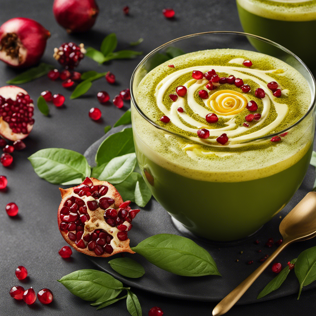 An image that showcases a vibrant green tea latte with frothy swirls, sprinkled with golden turmeric powder