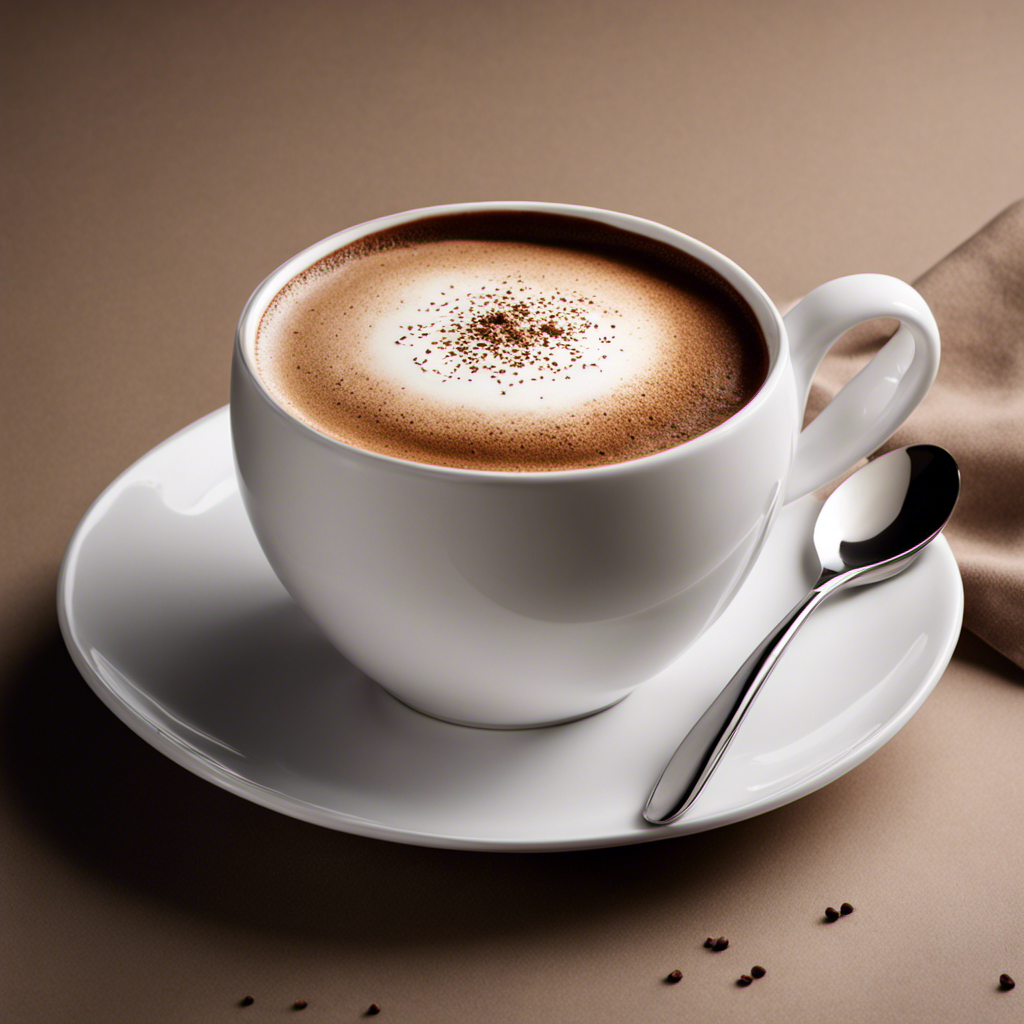 An image that captures the essence of a frothy cappuccino: a perfectly symmetrical white ceramic cup with a delicate handle, adorned with a velvety smooth layer of foam, topped with a sprinkle of cocoa powder