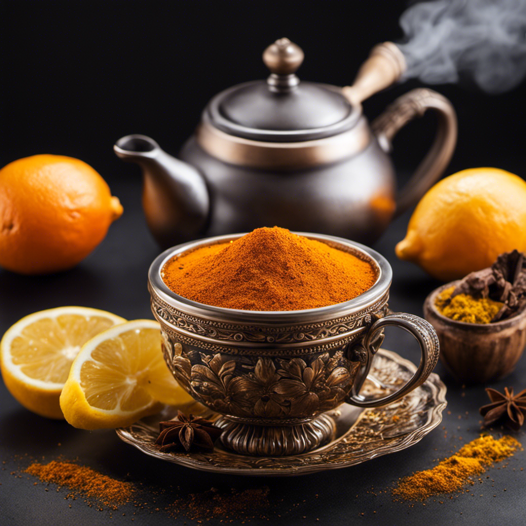 An image of a steaming cup of vibrant orange Cayenne and Turmeric Tea, adorned with a sprinkle of black pepper and a lemon slice, set against a backdrop of exotic spices