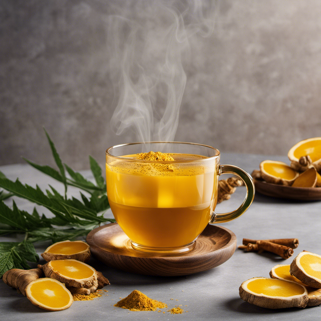 An image showcasing a steaming cup of CBD-infused turmeric ginger tea
