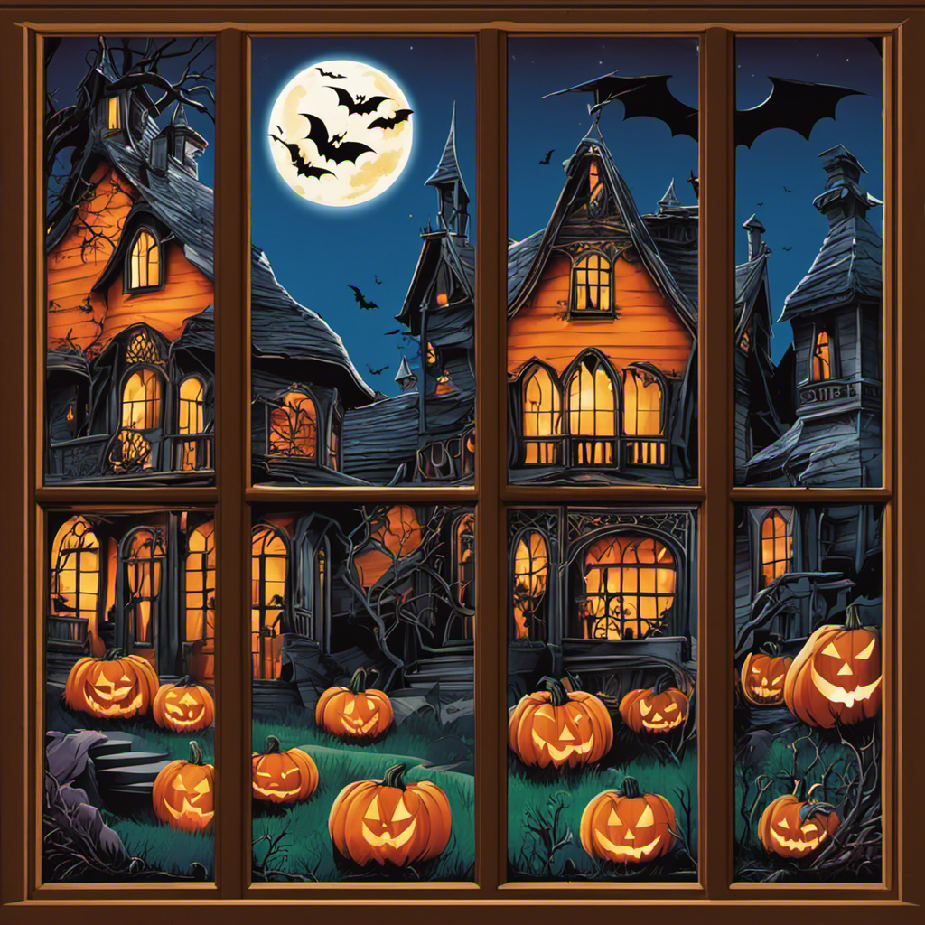 An image showcasing a variety of vibrant and intricately designed CCINEE Halloween window stickers, adorning a spooky haunted house scene with bats, ghosts, witches, and pumpkins, adding a touch of festive charm to any home