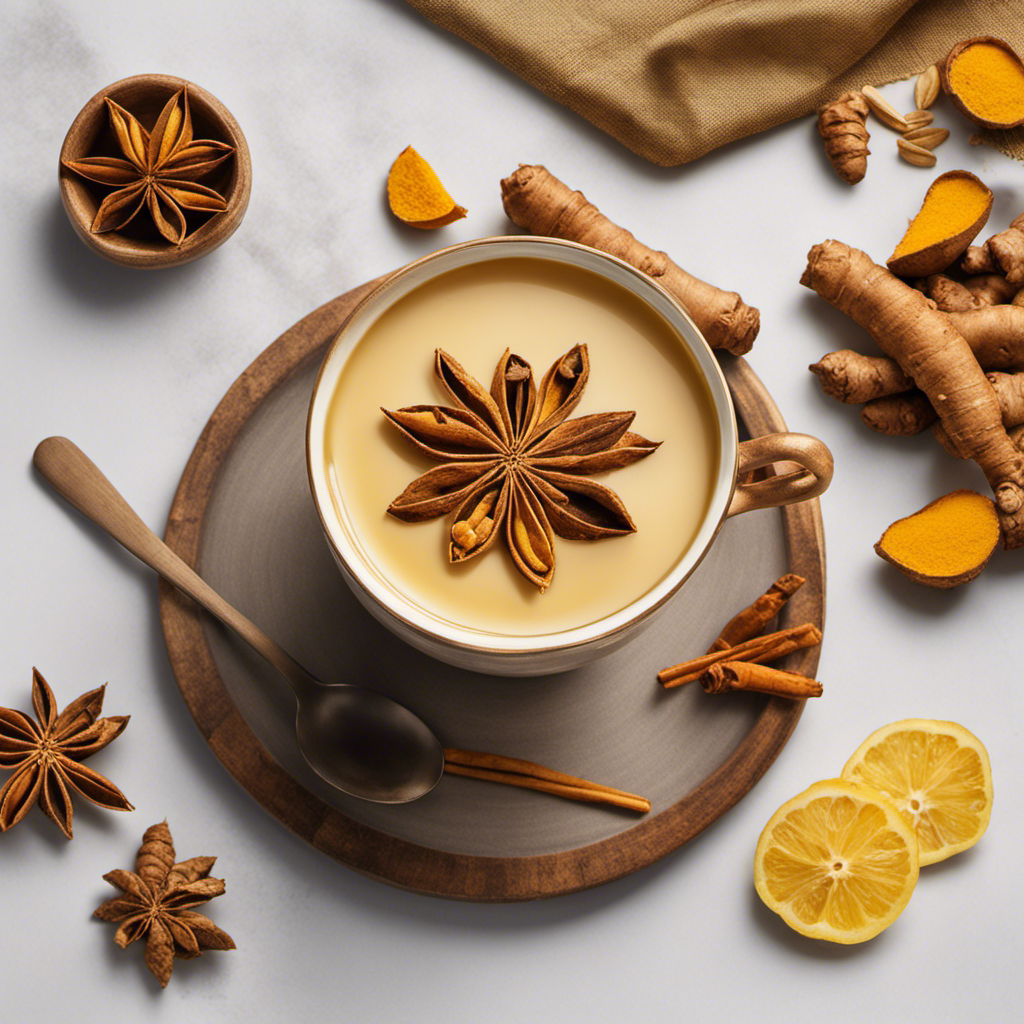 An image of a steaming cup of chai tea, filled with a rich golden hue