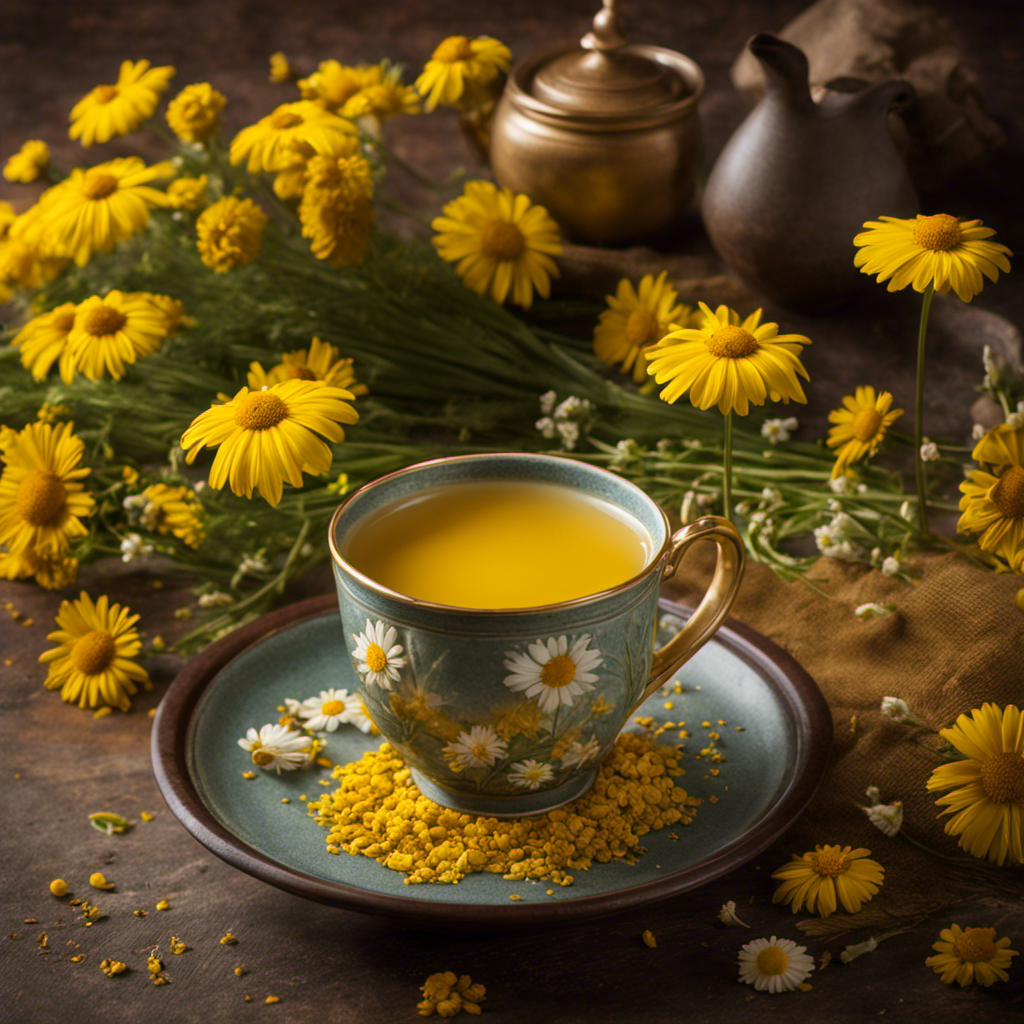 An image showcasing a steaming cup of chamomile tea infused with golden turmeric, surrounded by vibrant yellow chamomile flowers, exuding a warm and comforting ambiance