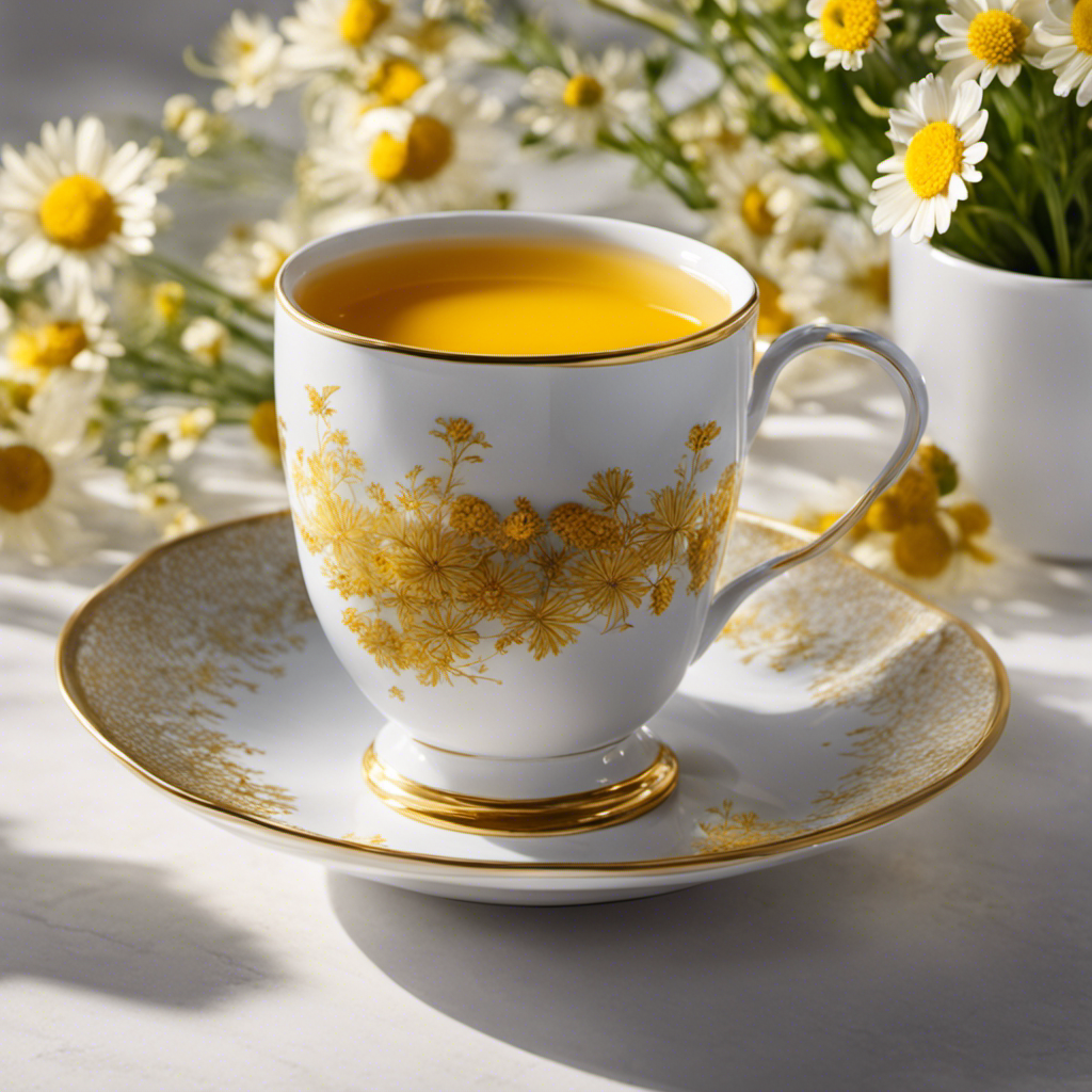 An image showcasing a serene scene: a delicate porcelain teacup, brimming with golden chamomile tea infused with vibrant turmeric