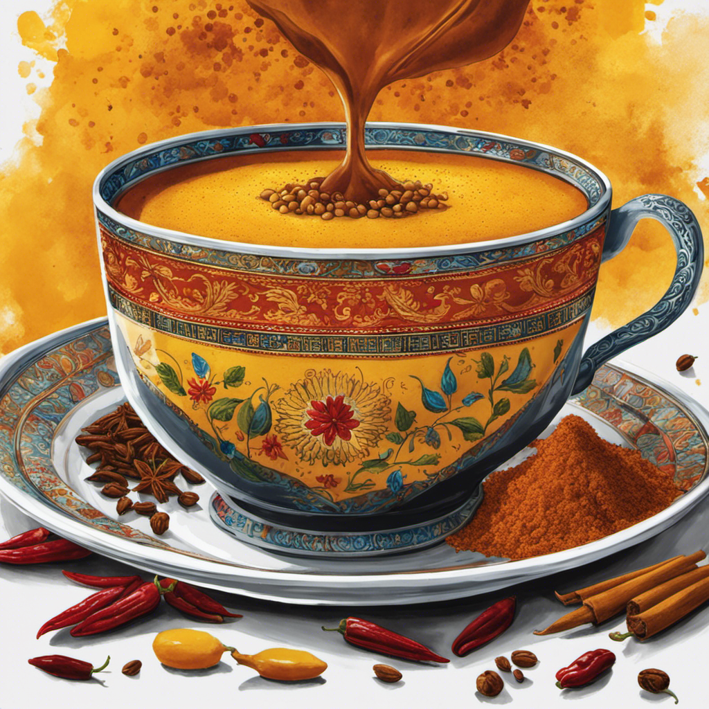 An image showcasing a steaming cup of Chana Masala Tea, with vibrant yellow turmeric-infused liquid, adorned with aromatic spices like cloves, cinnamon, and cardamom, surrounded by a scattering of whole dried chilis