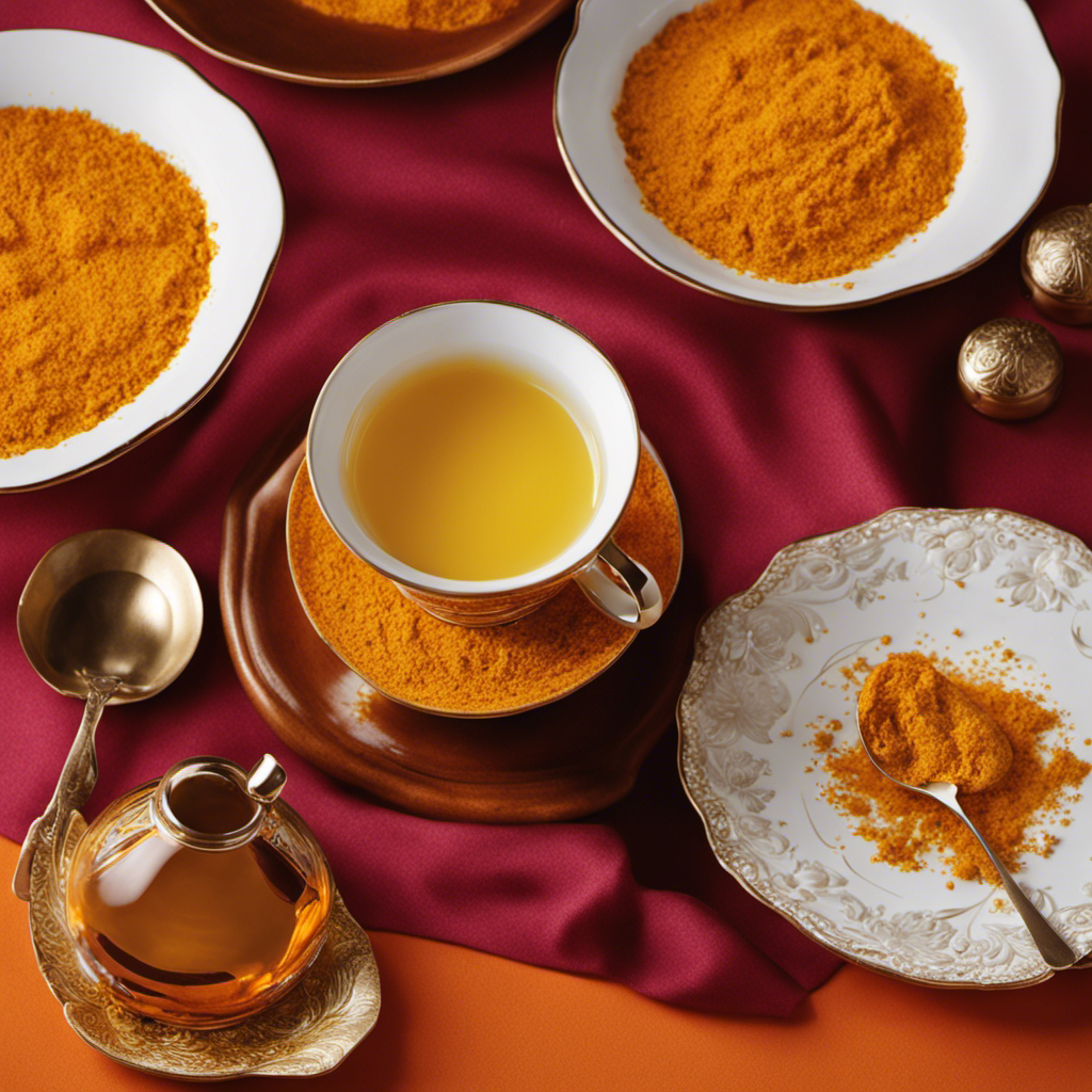 An image showcasing the vibrant orange hues of Charlene Bollinger's Turmeric Tea Recipe, with steam rising from a delicate teacup adorned with fresh turmeric slices and a sprinkle of black pepper