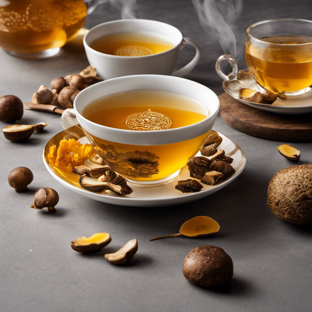 An image of a steaming cup of Choice Organic Teas Shiitake Turmeric Tea, with vibrant golden hues, showcasing the delicate tea leaves swirling within, while a slice of fresh shiitake mushroom rests on the saucer