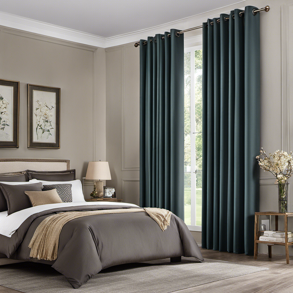 An image showcasing a serene bedroom with a large window covered by ChrisDowa Grommet Blackout Curtains