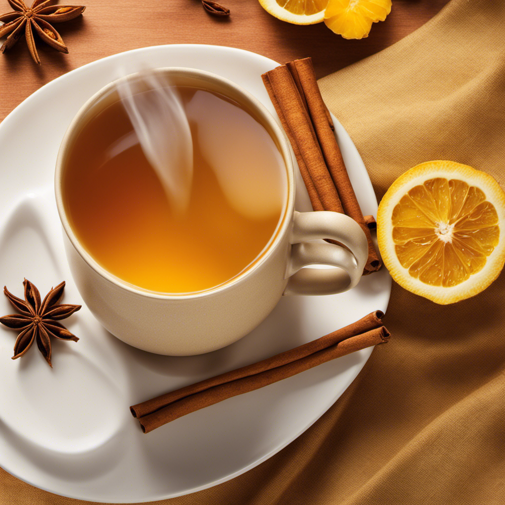 An image of a steaming mug filled with a vibrant golden liquid, swirling with fragrant cinnamon sticks and sun-kissed turmeric slices