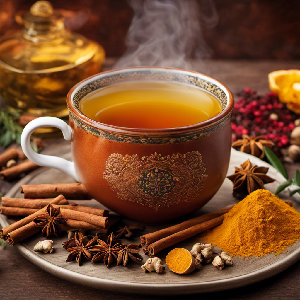An image featuring a steaming cup of cinnamon ginger and turmeric tea, surrounded by vibrant spices