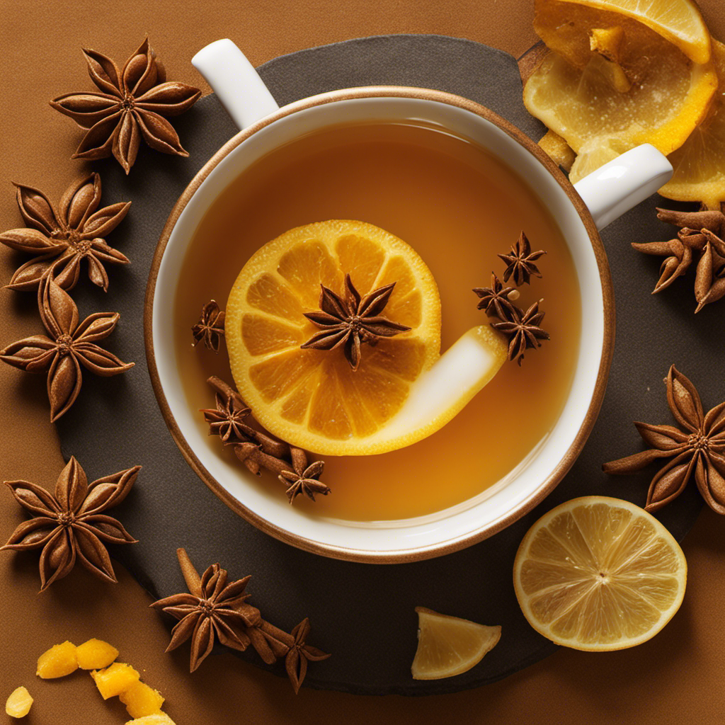 An image that showcases a steaming cup of golden tea, infused with the warm hues of cinnamon, ginger, turmeric, and sweetened with a drizzle of amber agave nectar