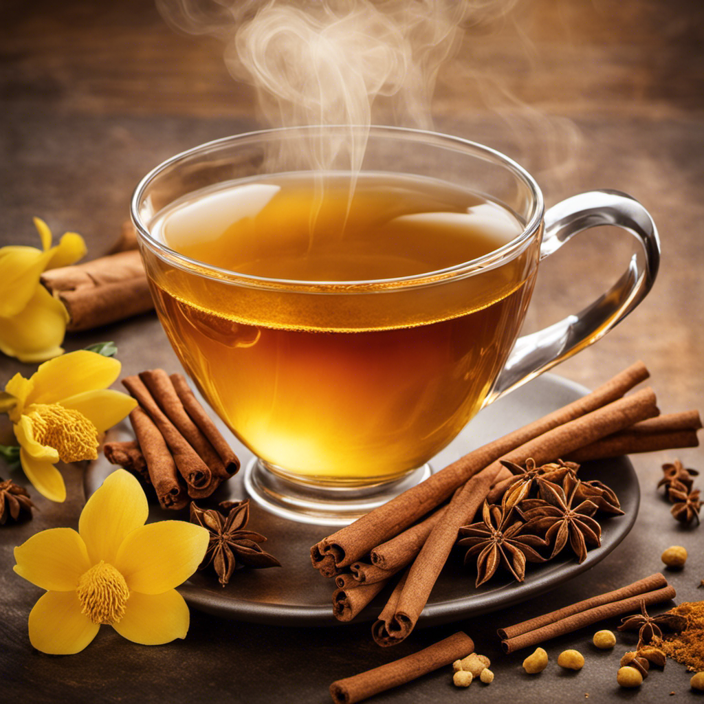 An image showcasing a steaming cup of golden tea infused with vibrant cinnamon, turmeric, ginger, and nutmeg