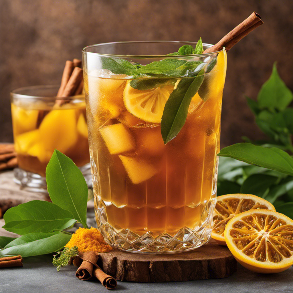 An image that showcases a refreshing glass filled with golden-hued Cinnamon Turmeric Iced Tea, glistening with condensation, surrounded by vibrant cinnamon sticks, turmeric roots, and lush green tea leaves against a backdrop of lush green foliage