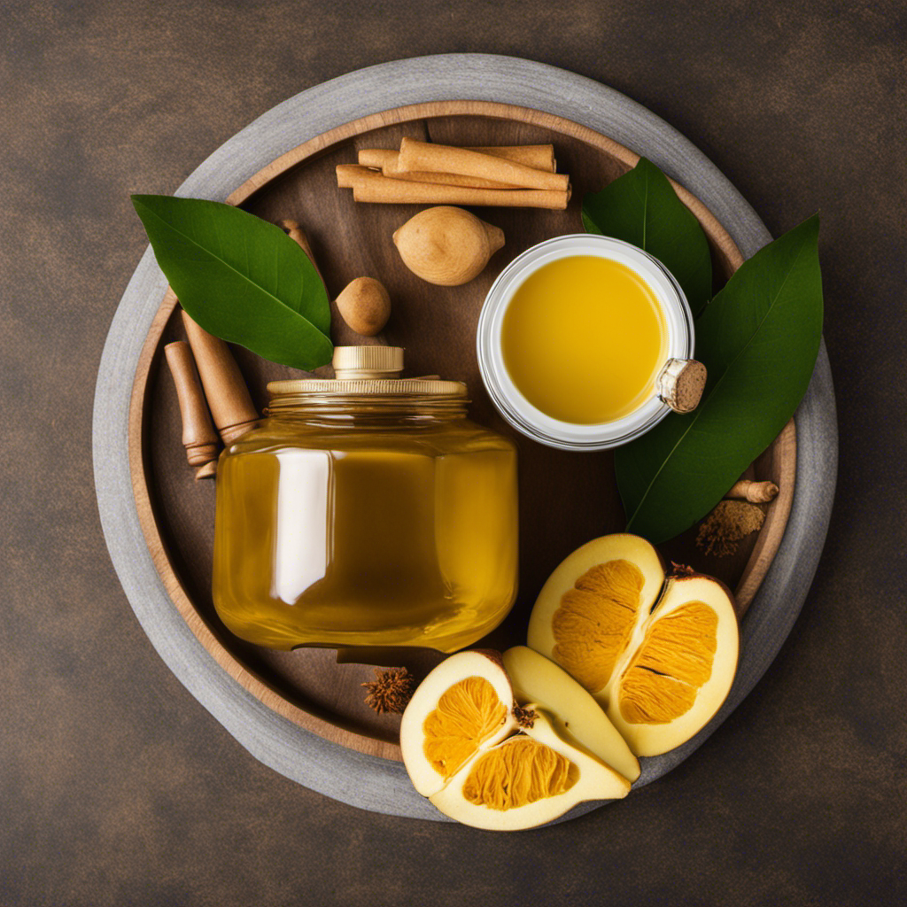 An image showcasing a vibrant yellow clay mask infused with turmeric, accompanied by a bottle of apple cider vinegar and a sprig of tea tree leaves