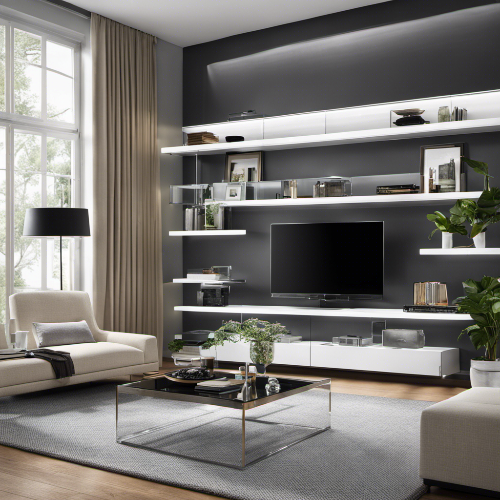 An image showcasing a modern living room with sleek, clear acrylic shelves elegantly displaying various items such as books, plants, and decorative objects