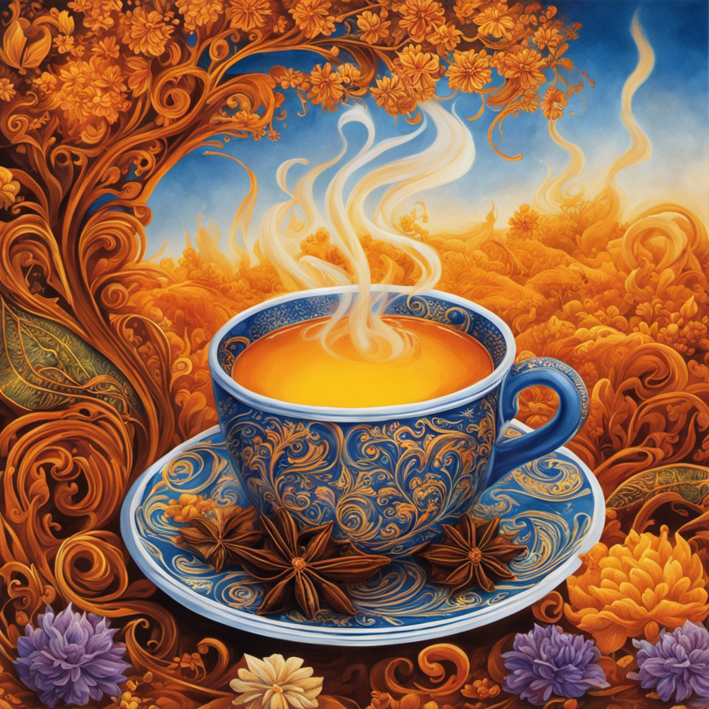 An image that showcases the vibrant colors of a steaming cup of clove and turmeric tea