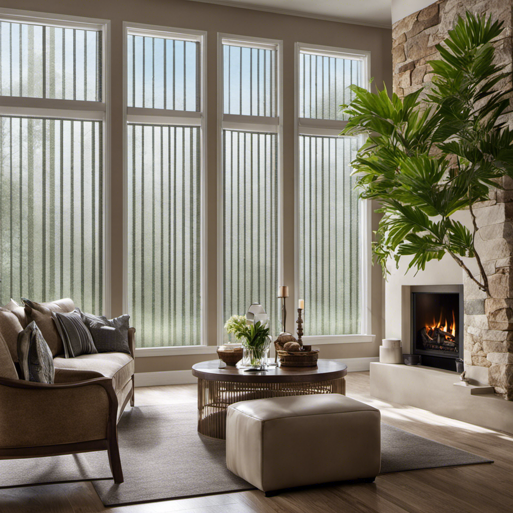 An image showcasing Coavas Window Privacy Film in action: a serene living room with soft natural light filtering through the film, casting elegant shadows on a cozy armchair, while maintaining privacy from prying eyes outside