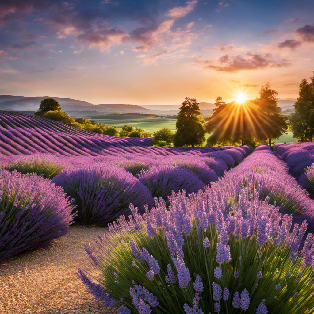 An image showcasing a serene, sun-kissed garden with vibrant lavender bushes in full bloom