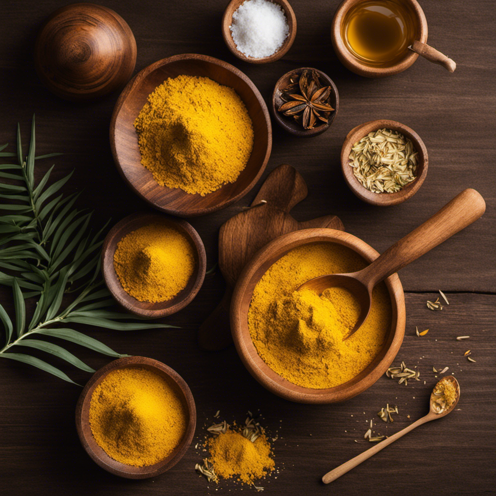An image showcasing a rustic wooden bowl filled with vibrant yellow turmeric powder, surrounded by dried coconut flakes, tea tree leaves, and a sprinkle of baking soda, evoking a natural and refreshing feel