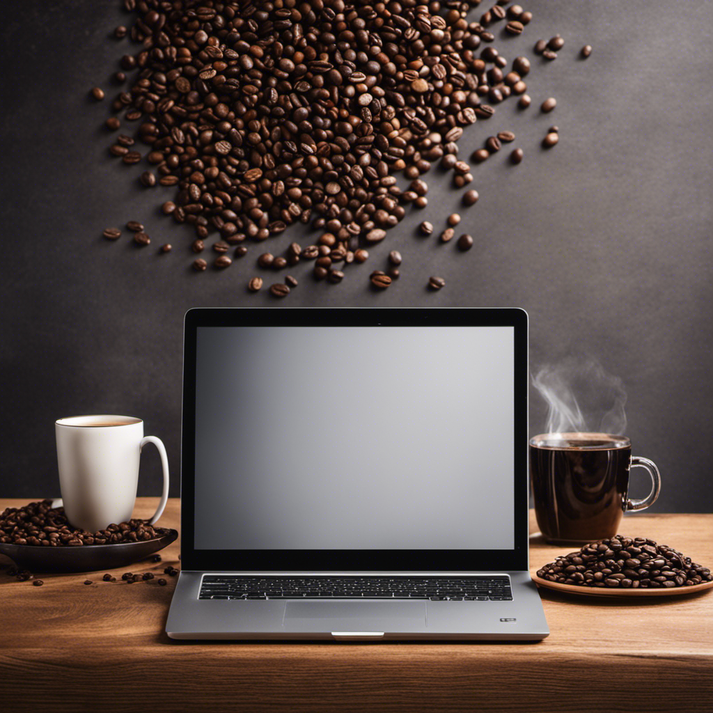 An image featuring a clean, modern workspace with a sleek laptop, surrounded by scattered coffee beans and a freshly brewed cup of coffee, emitting aromatic steam