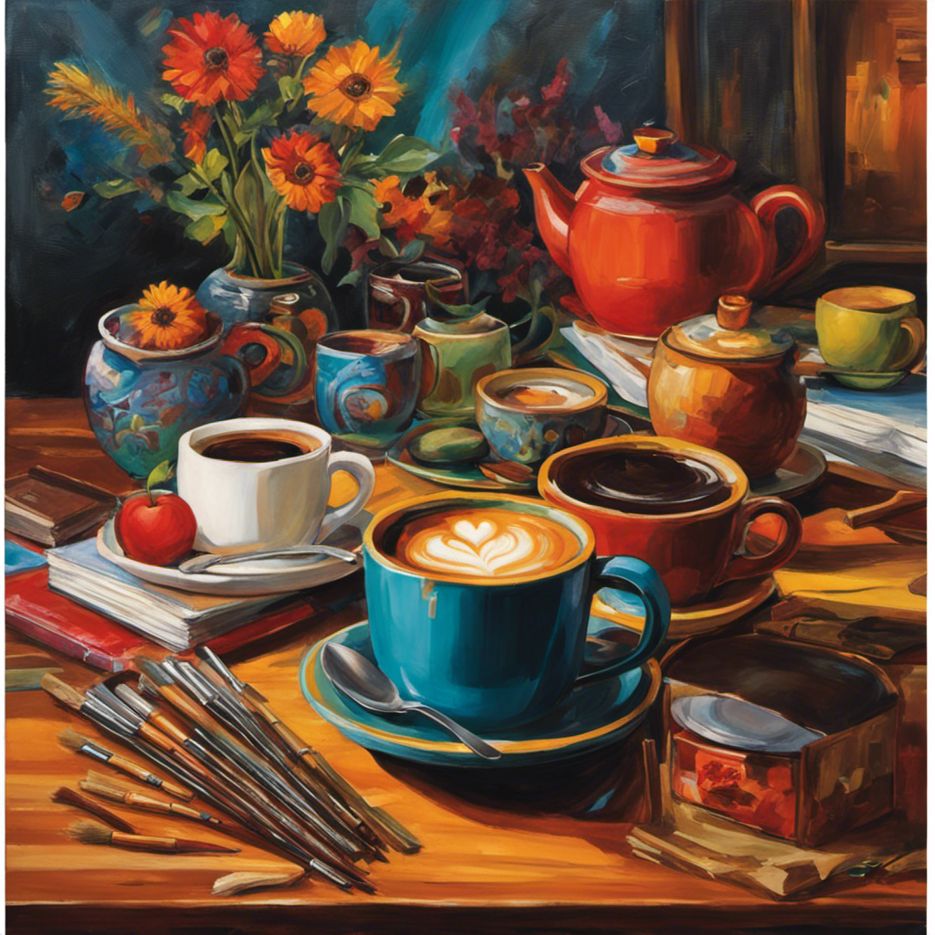 An image that depicts a cozy café table adorned with a steaming cup of coffee, surrounded by scattered paintbrushes, sketchbooks, and vibrant artwork, showcasing the undeniable link between java and artistic ingenuity