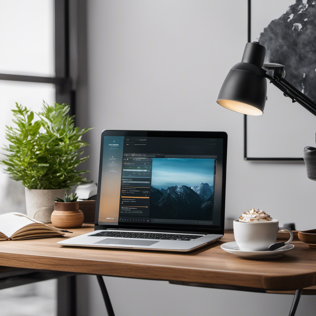 An image showcasing a serene workspace with a neatly organized desk, a laptop displaying a productive graph, and a steaming cup of coffee, emanating an inviting aroma, evoking focus and enhanced productivity