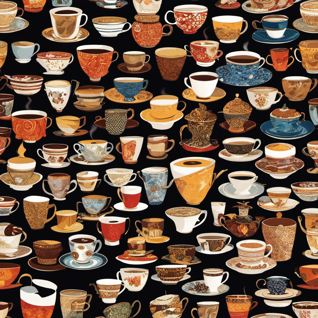 An image showcasing a diverse collage of coffee cups from various cultures, each adorned with unique designs and filled with different coffee specialties, symbolizing the global coffee consumption trends