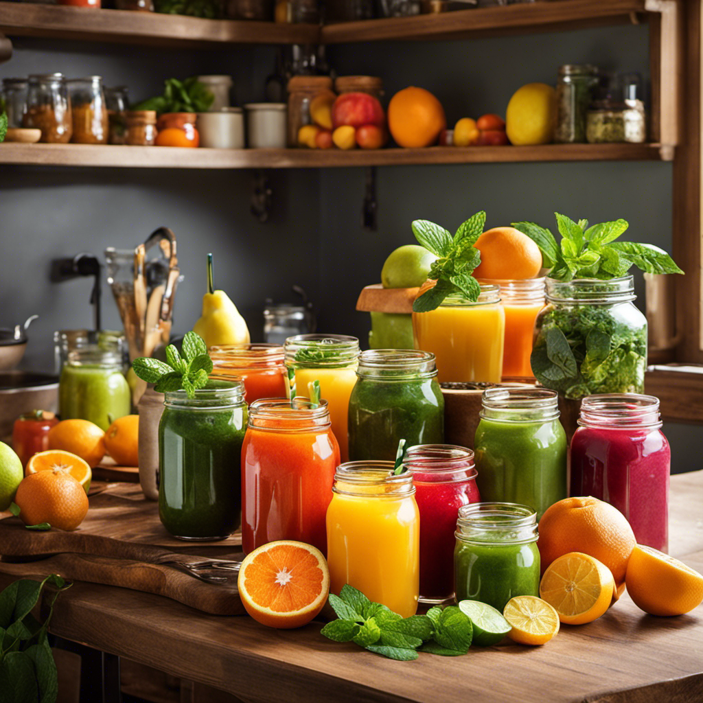 An image of a vibrant, sunlit kitchen counter with a colorful assortment of freshly squeezed fruit juices, herbal teas, and smoothies in mason jars, garnished with fresh mint leaves and sliced citrus fruits