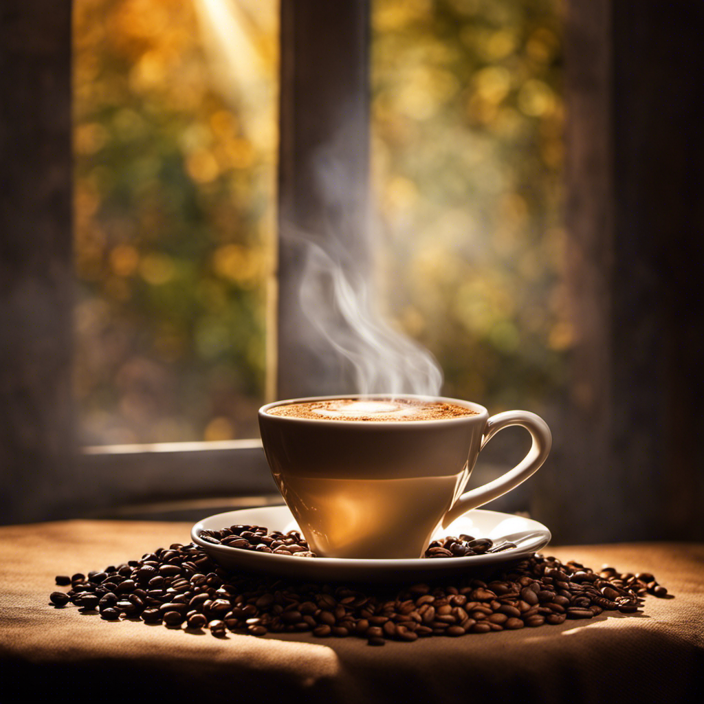 An image showcasing a steaming cup of rich dark coffee, surrounded by a vibrant array of freshly roasted coffee beans