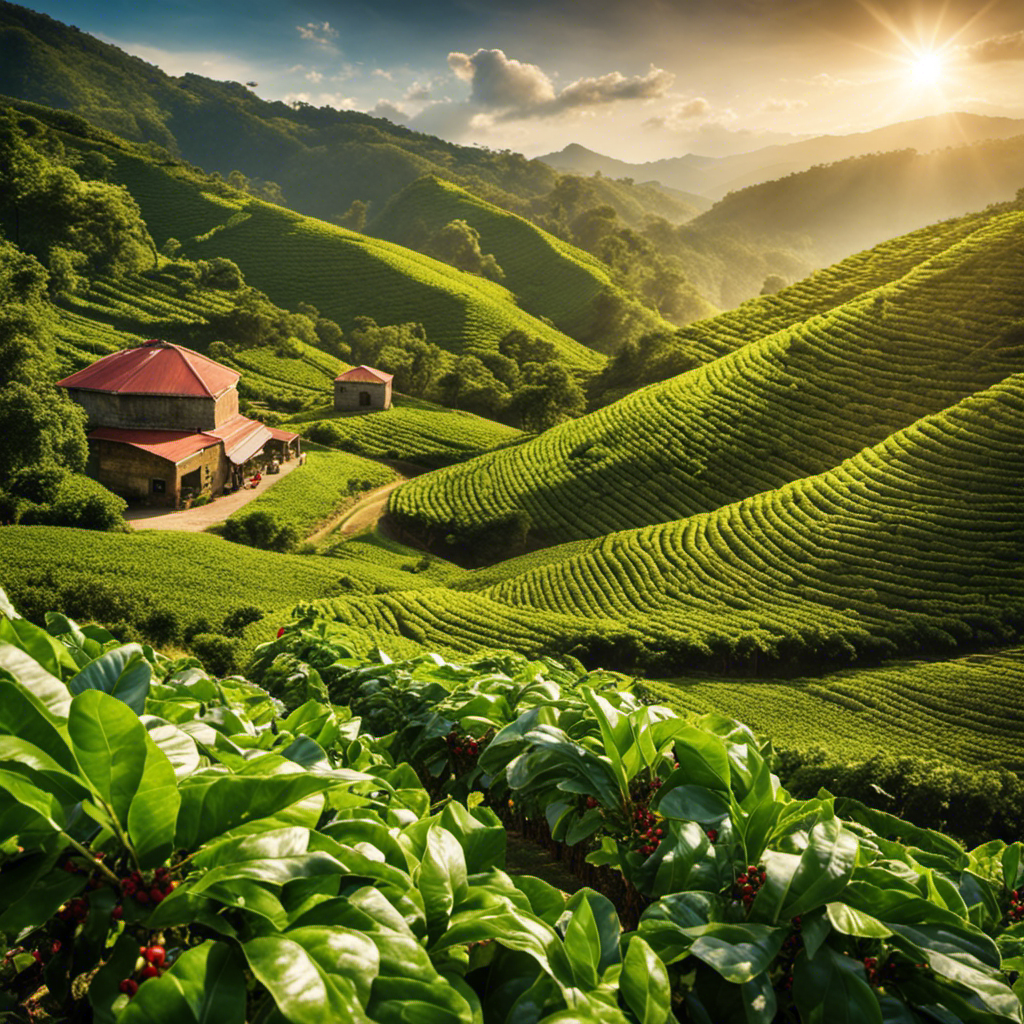 An image that captures the essence of coffee tourism, showcasing a lush coffee plantation nestled amidst rolling green hills, with farmers carefully picking ripe coffee cherries while sunlight filters through the leaves