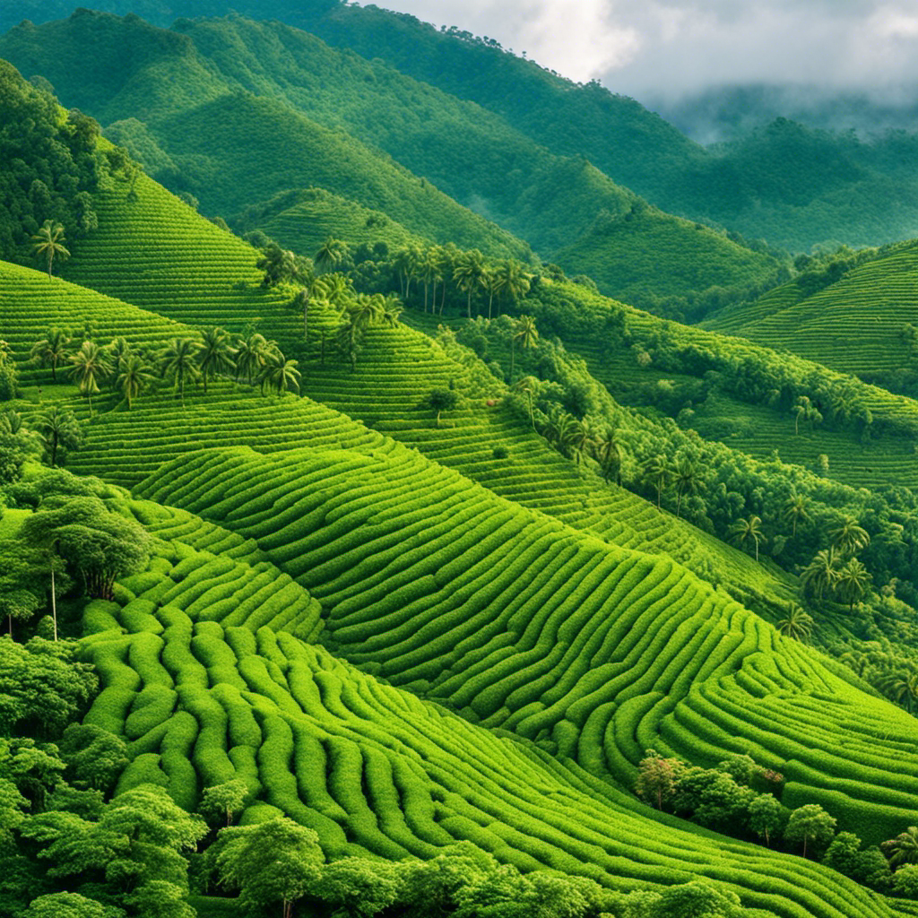 the essence of coffee tourism with a vibrant image featuring towering emerald-green coffee trees stretching endlessly across the lush landscape