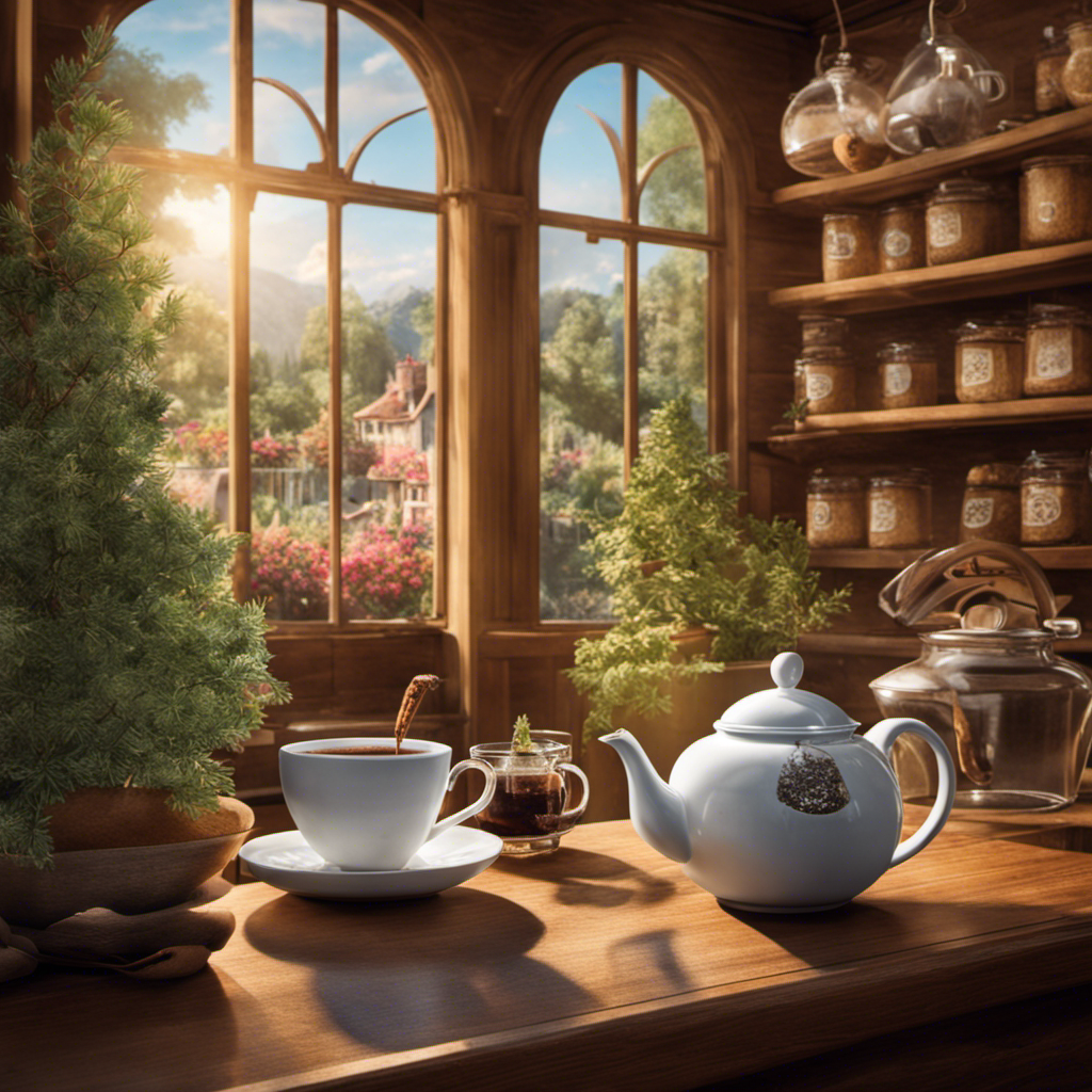 An image of a cozy café setting with a barista preparing a cup of steaming coffee, while beside it, a serene herbal infusion is being brewed in a delicate, transparent teapot