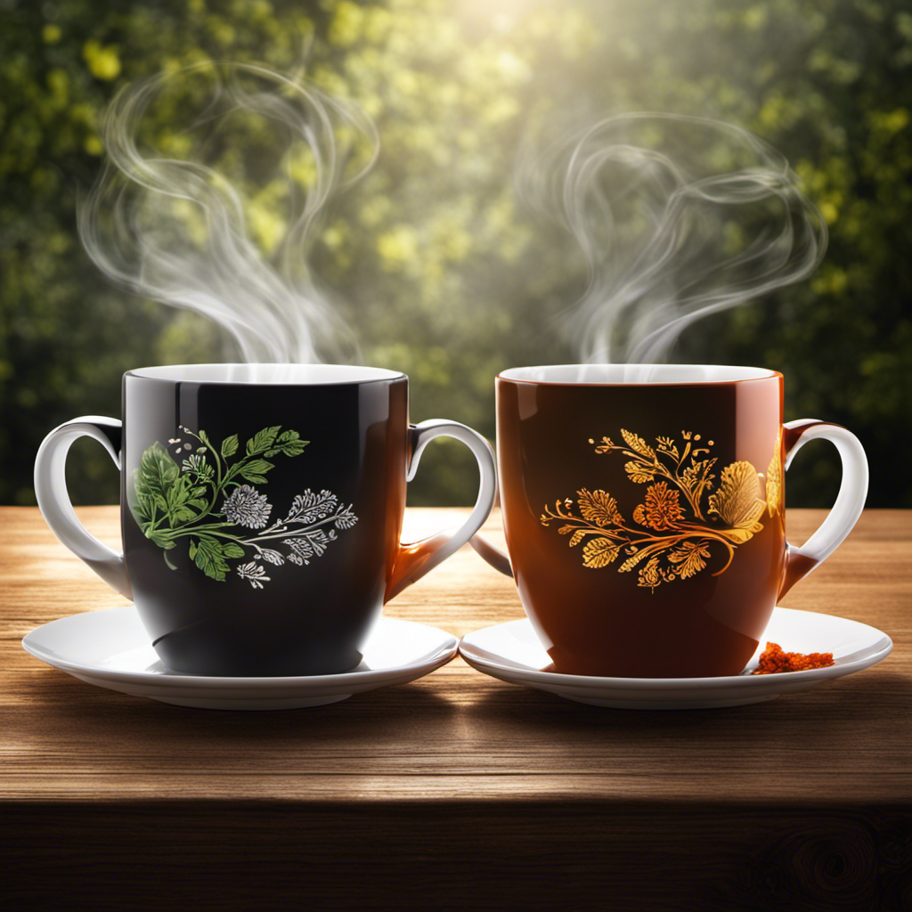 An image showcasing two contrasting mugs: one filled with steaming black coffee, radiating energy, and the other with soothing herbal tea, emitting tranquility