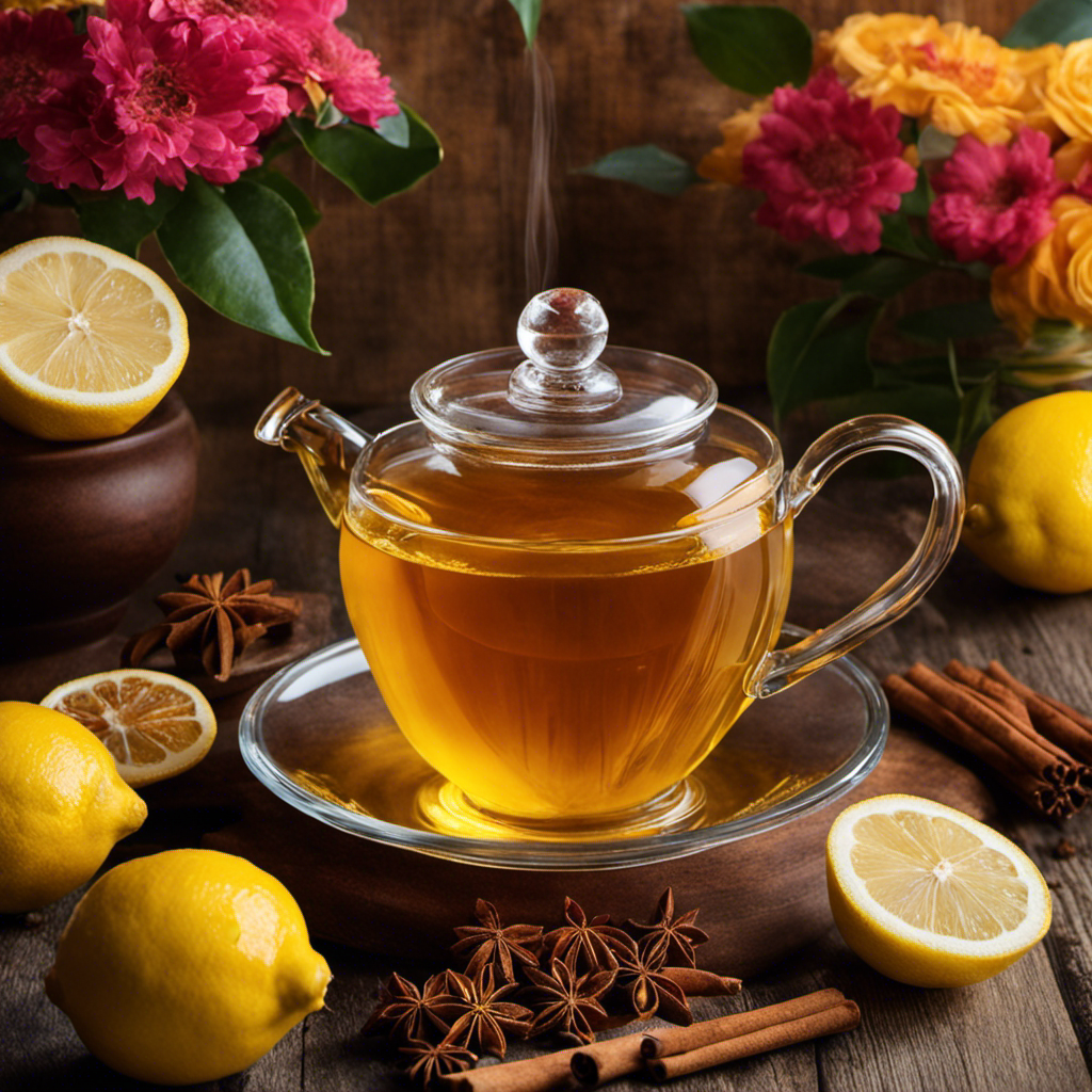 An image of a steaming cup of golden-hued Cold Remedy Tea, adorned with fragrant spices like turmeric, ginger, and cinnamon