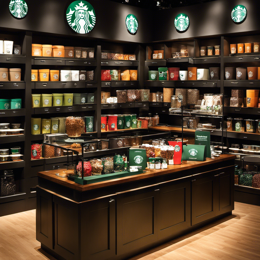 An image showcasing a display of Starbucks merchandise, featuring limited edition tumblers, mugs, and coffee beans, surrounded by a curated collection of Starbucks-themed accessories, enticing collectors with vibrant colors and irresistible designs
