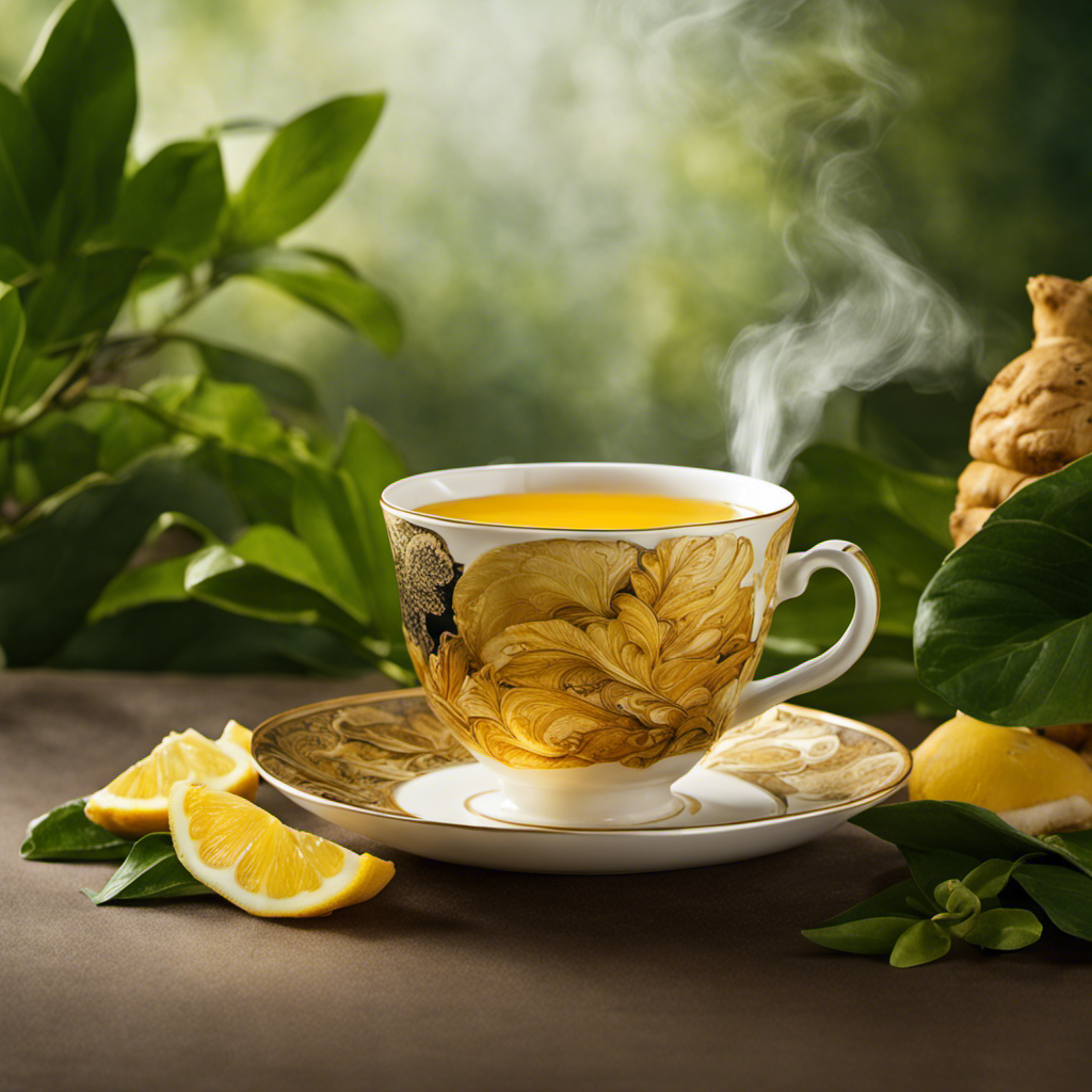 An image capturing a steaming cup of golden-hued ginger and turmeric tea, gently swirling in delicate porcelain, adorned with a vibrant lemon slice, fresh ginger and turmeric roots, against a backdrop of lush green tea leaves