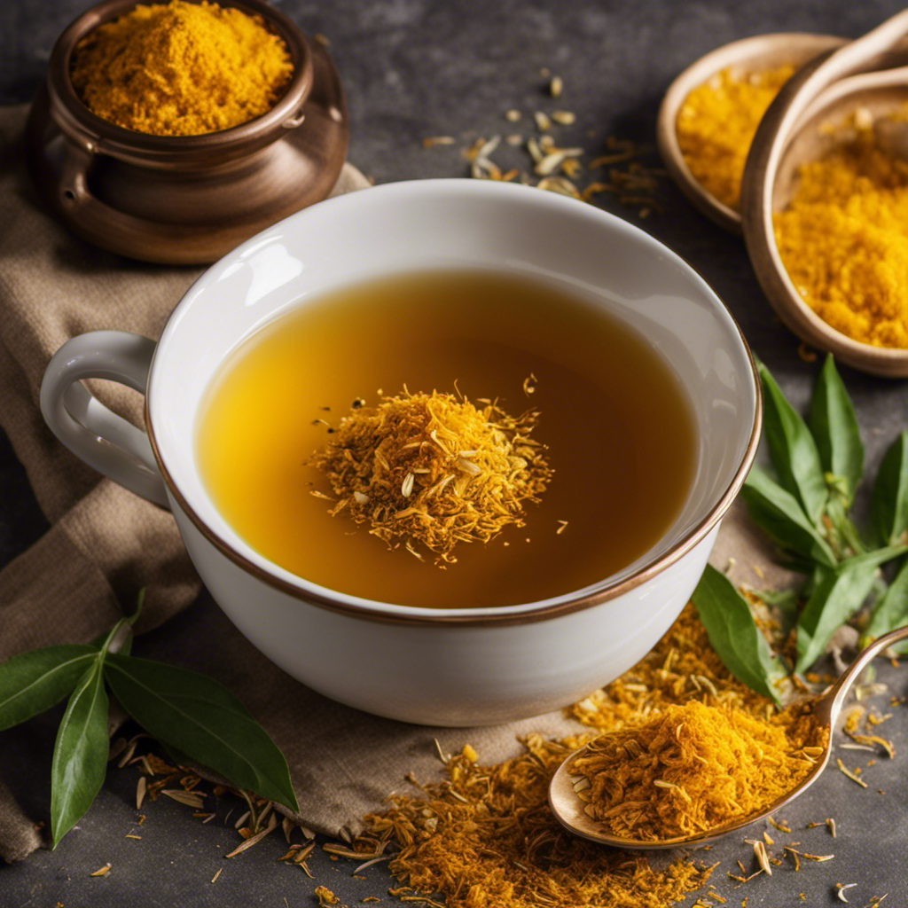 An image showcasing a vibrant yellow-golden cup of Essiac Tea infused with freshly grated turmeric, radiating warmth and healing properties