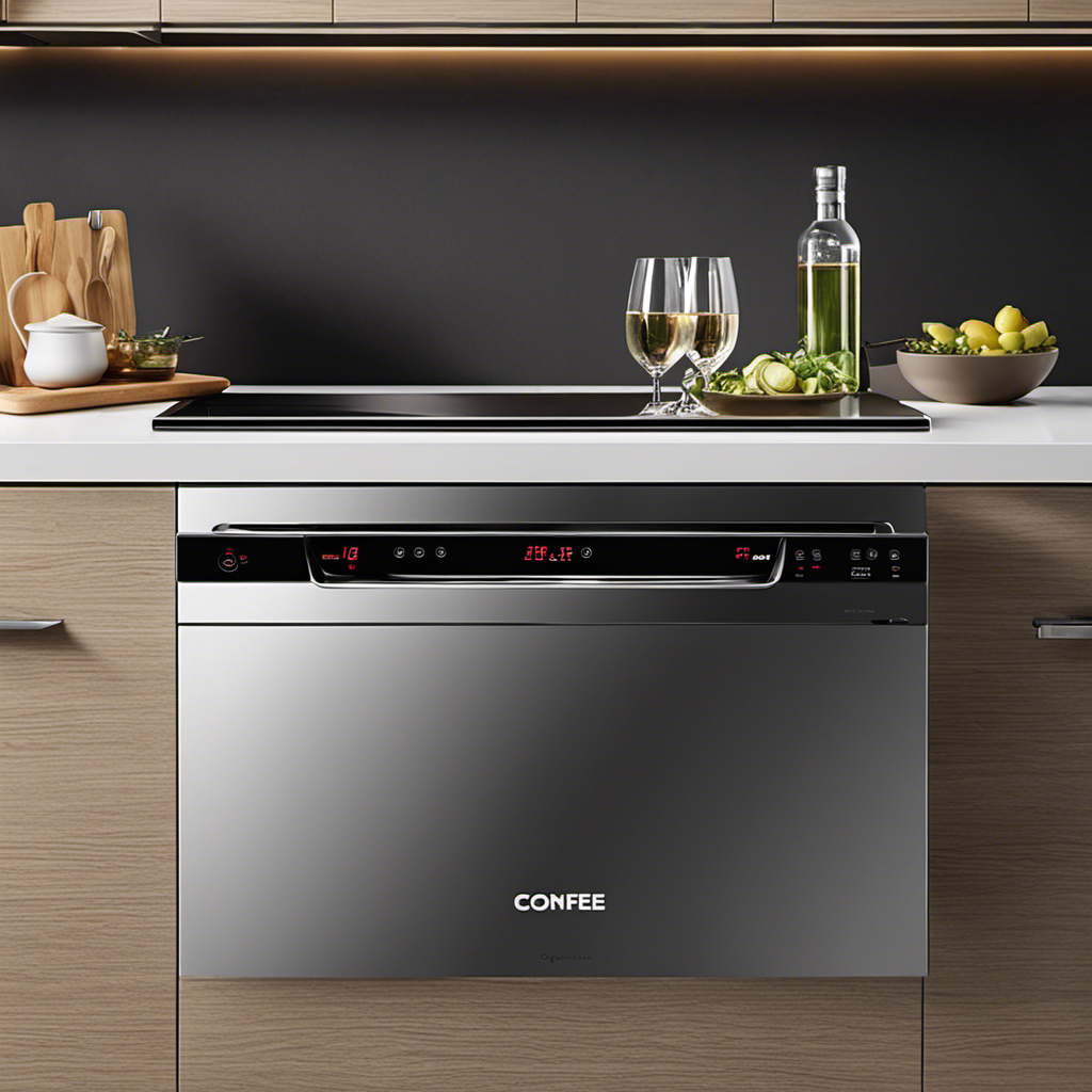 An image showcasing the sleek, stainless steel COMFEE' Countertop Dishwasher in action